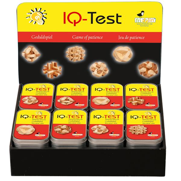 17120  17120 IQ-test, spill av bambus, 8 ass, display Metalleske, 6x2,2x9,4 cm gul/or Fridolin
